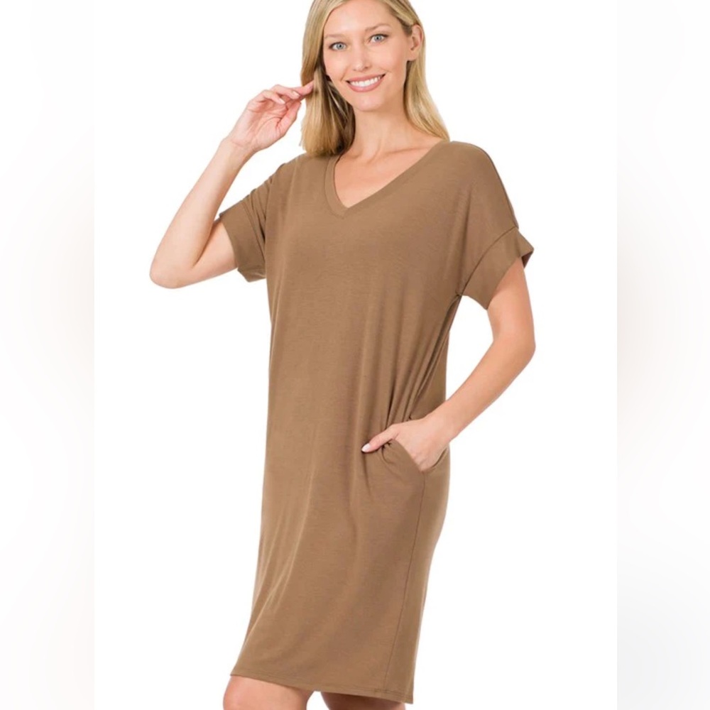 Zenana Rolled Short Sleeve V-Neck T-Shirt Dress - Mocha - L & XL